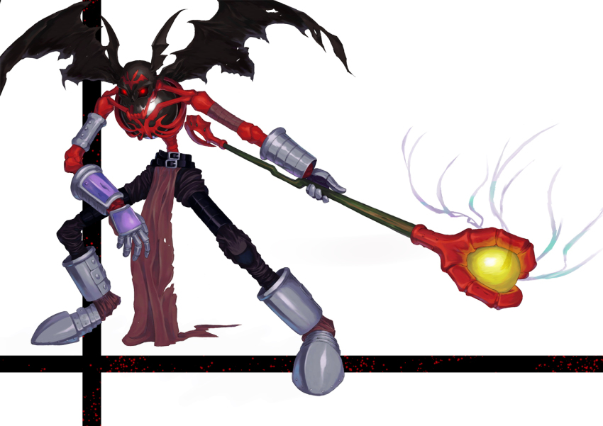 1boy bat_wings demon demon_wings digimon digimon_(creature) full_body glowing glowing_eyes head_wings holding holding_weapon looking_at_viewer mark_of_evil red_eyes sasasi scar skeleton skull skullsatamon solo staff standing weapon wings