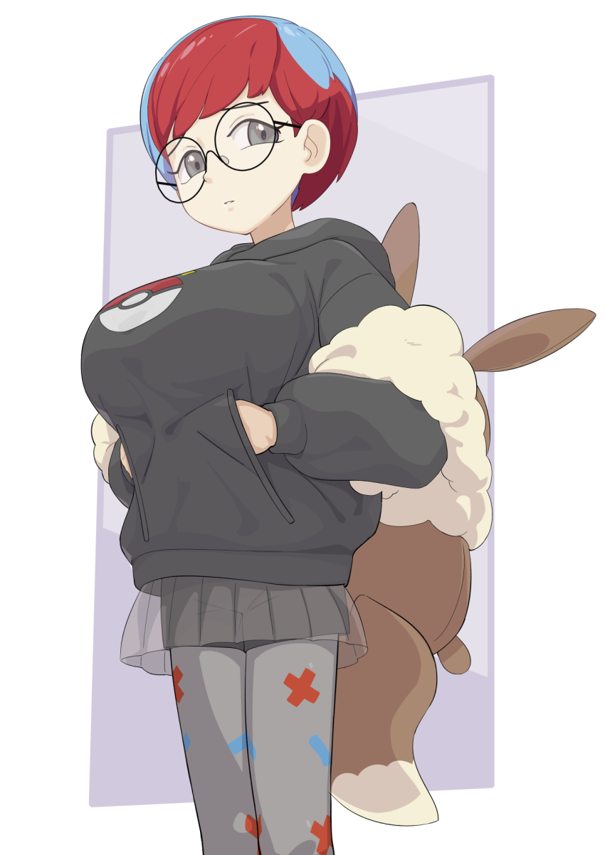 1girl backpack bag black_hoodie blue_hair breasts eevee female_focus gen_1_pokemon glasses grey_eyes hands_in_pockets highres hood hoodie huge_breasts multicolored_hair nanina_(nijnan) nintendo pantyhose parted_lips penny_(pokemon) pokemon pokemon_sv print_pantyhose red_hair round_eyewear see-through_clothes see-through_shirt shirt short_hair solo standing two-tone_hair