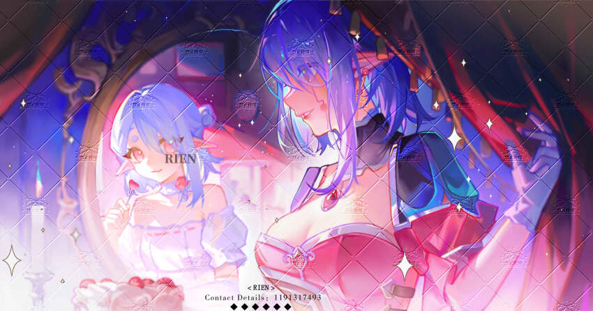 2girls absurdres blue_hair breasts cake candle cleavage commission curtains dress food fork fruit gloves highres holding holding_fork large_breasts medium_breasts mirror multiple_girls original pointy_ears purple_hair smile strawberry tadashi-kun virtual_youtuber white_dress white_gloves