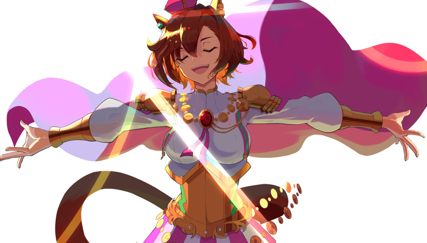 1girl :d absurdres armor breasts brown_hair cape closed_eyes facing_viewer hat highres horse_girl long_sleeves madori_(madori151) medium_breasts mini_hat open_mouth outstretched_arms pink_cape pink_hat shirt short_hair shoulder_armor simple_background smile solo t.m._opera_o_(umamusume) umamusume upper_body white_background white_shirt