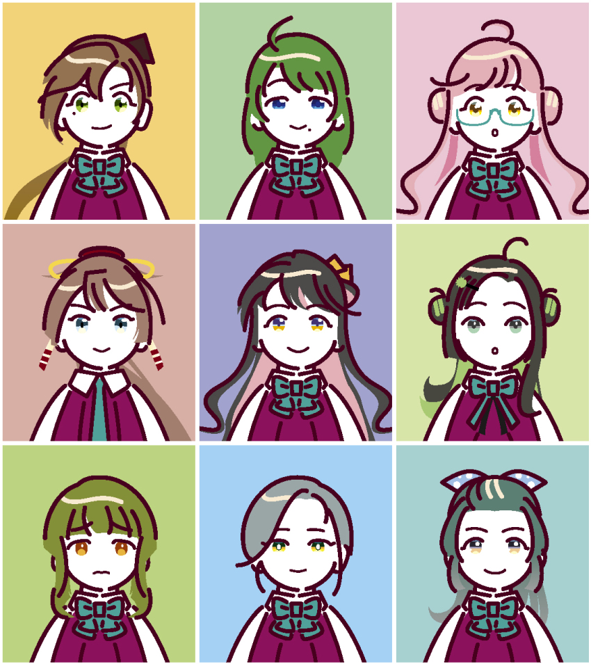 6+girls akigumo_(kancolle) black_hair blue_bow blue_bowtie blue_eyes blue_hair bow bowtie brown_hair closed_mouth collared_shirt commentary_request double_bun dress glasses green_eyes green_hair hair_bun hair_ribbon highres kantai_collection kazagumo_(kancolle) long_hair makigumo_(kancolle) makinami_(kancolle) mole mole_under_eye mole_under_mouth multicolored_hair multiple_girls naganami_(kancolle) ojipon parted_lips pink_hair ponytail purple_dress ribbon shirt short_hair simple_background smile suzunami_(kancolle) takanami_(kancolle) tamanami_(kancolle) upper_body white_shirt yuugumo_(kancolle)