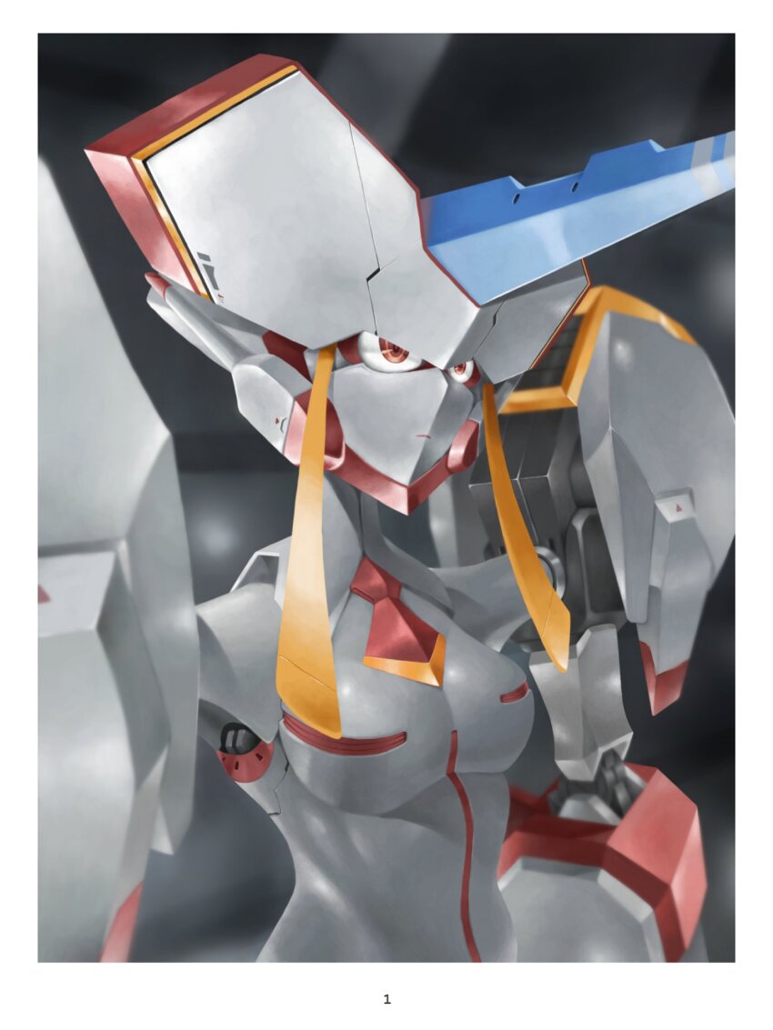 armor blue_horns breasts colored_skin darling_in_the_franxx helmet highres horns humanoid_robot mecha medium_breasts necktie orange_necktie red_eyes robot robot_girl science_fiction shoulder_armor single_horn skylock strelizia white_skin
