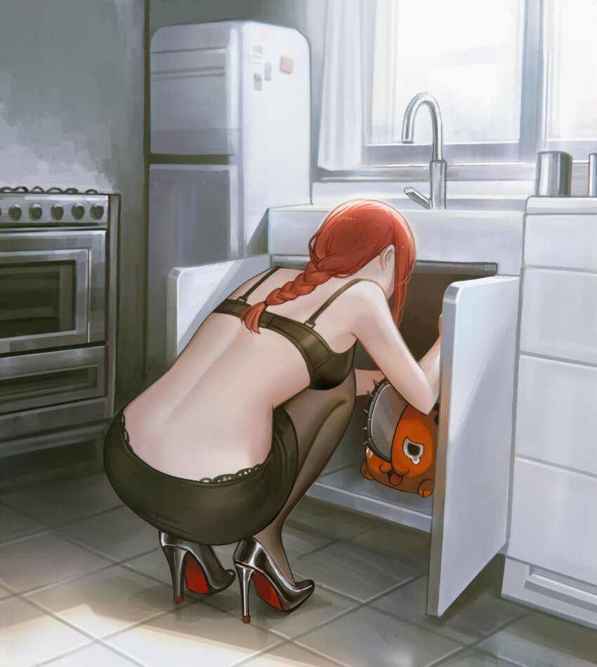 1girl ass black_bra black_pantyhose black_shoes black_skirt bra breasts chainsaw chainsaw_man cupboard high_heels highres indoors kitchen long_hair makima_(chainsaw_man) mymzi pantyhose pencil_skirt pochita_(chainsaw_man) red_hair shoes sink skirt squatting underwear window