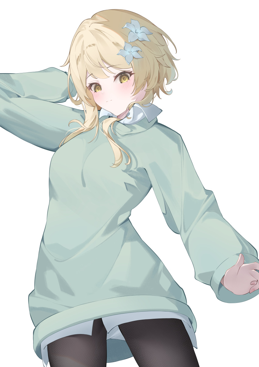 1girl absurdres alternate_costume arm_up black_pantyhose blonde_hair blush cardigan closed_mouth commentary cowboy_shot flower genshin_impact green_cardigan hair_flower hair_ornament highres long_sleeves looking_down lumine_(genshin_impact) medium_hair miku_rasha pantyhose simple_background smile solo symbol-only_commentary white_background yellow_eyes