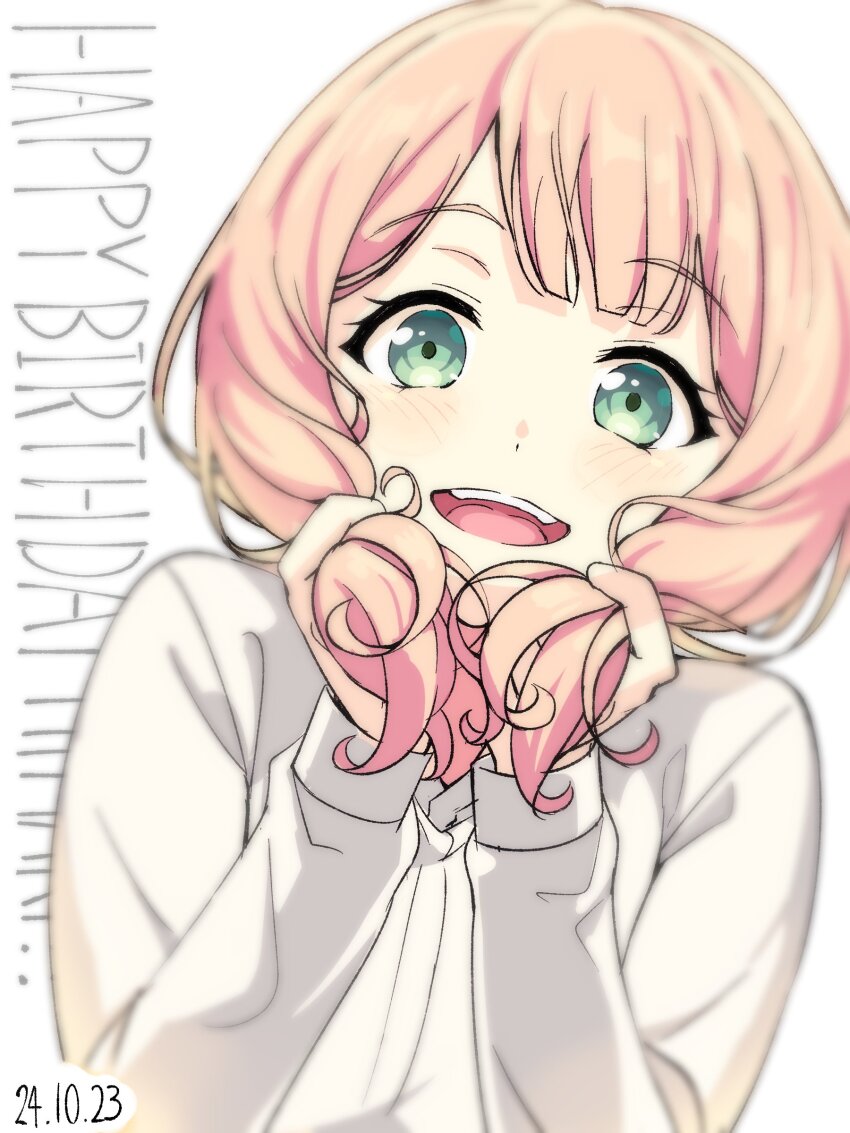 1girl :d absurdres bang_dream! happy_birthday highres looking_at_viewer low_twintails nobusawa_osamu open_mouth pink_hair shirt simple_background smile solo twintails uehara_himari white_background