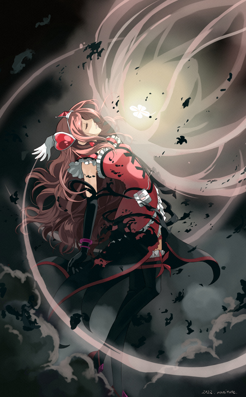 1girl 2022 absurdres black_gloves bracelet closed_eyes cloud cure_passion dissolving_clothes dress eas_(fresh_precure!) elbow_gloves facing_to_the_side fresh_precure! frills from_side full_body gloves hair_ornament heart heart_hair_ornament higashi_setsuna highres jewelry long_hair magical_girl nonitate pink_hair precure profile red_dress signature solo tiara torn_clothes transformation