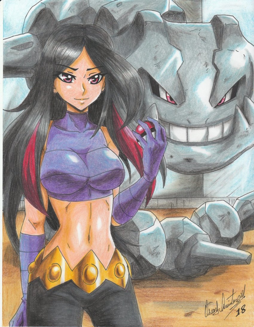 2018 belt black_hair black_pants dated drawing frontier_brain gen_2_pokemon gloves highres long_hair lucy_(pokemon) midriff multicolored_hair navel nintendo pants poke_ball poke_ball_(basic) pokemon pokemon_(creature) pokemon_emerald pokemon_rse ravernclouk_design red_eyes signature smile steelix teeth traditional_media wall
