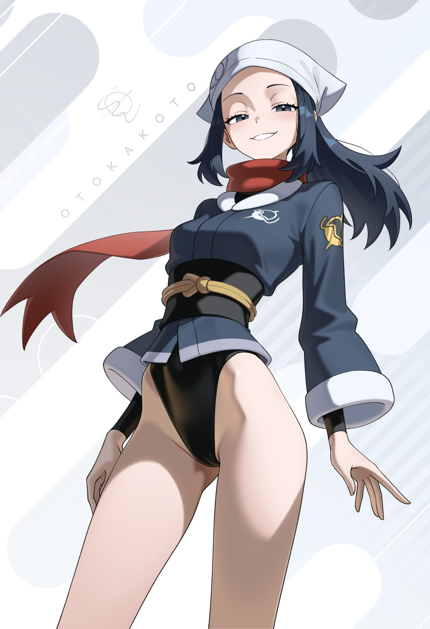 1girl absurdres akari_(pokemon) artist_name black_hair black_leotard black_sash blue_kimono blush breasts commentary eyelashes galaxy_expedition_team_survey_corps_uniform grey_eyes grin headscarf highleg highres jacket japanese_clothes kimono leotard leotard_under_clothes long_hair looking_at_viewer medium_breasts nintendo obi obijime otokakoto pokemon pokemon_legends:_arceus ponytail red_scarf sash scarf shirt sidelocks simple_background smile smug solo teeth white_headscarf