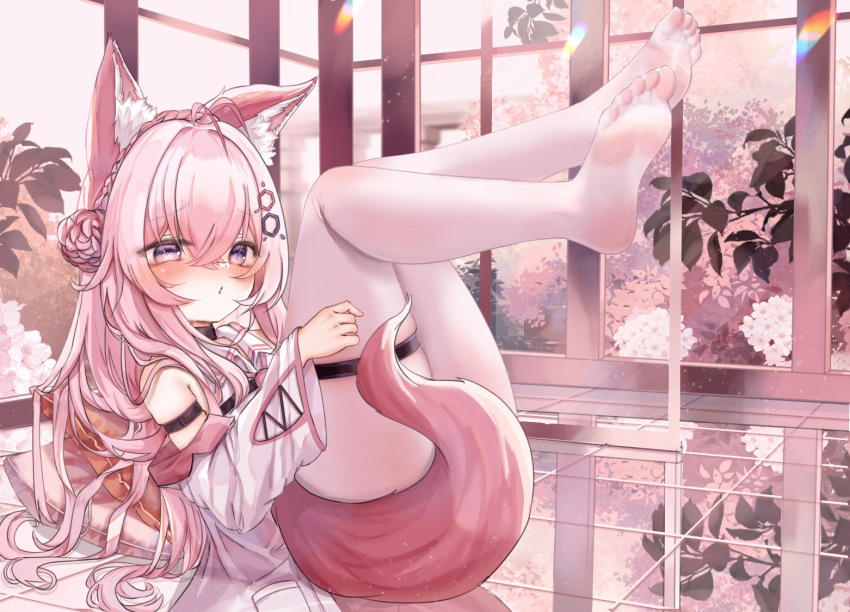 1girl animal_ear_fluff animal_ears black_choker blurry blurry_background blush braid braided_bun building choker closed_mouth coat collared_shirt commentary_request crossed_bangs crown_braid day double-parted_bangs embarrassed feet flower fox_ears full_body hair_between_eyes hair_bun hair_spread_out hakui_koyori hexagon_hair_ornament hololive indoors lab_coat legs_up lens_flare long_bangs long_hair long_sleeves lying multicolored_eyes necktie no_pants no_shoes nose_blush off_shoulder on_floor pantyhose pillow pink_eyes pink_hair pink_necktie pink_theme plant pocket purple_eyes raised_inner_eyebrows reflective_floor shirt single_side_bun sleeveless sleeveless_shirt soles solo tail tail_censor thigh_strap tile_floor tiles toes two-tone_eyes virtual_youtuber white_coat white_flower white_pantyhose white_shirt window zserty555