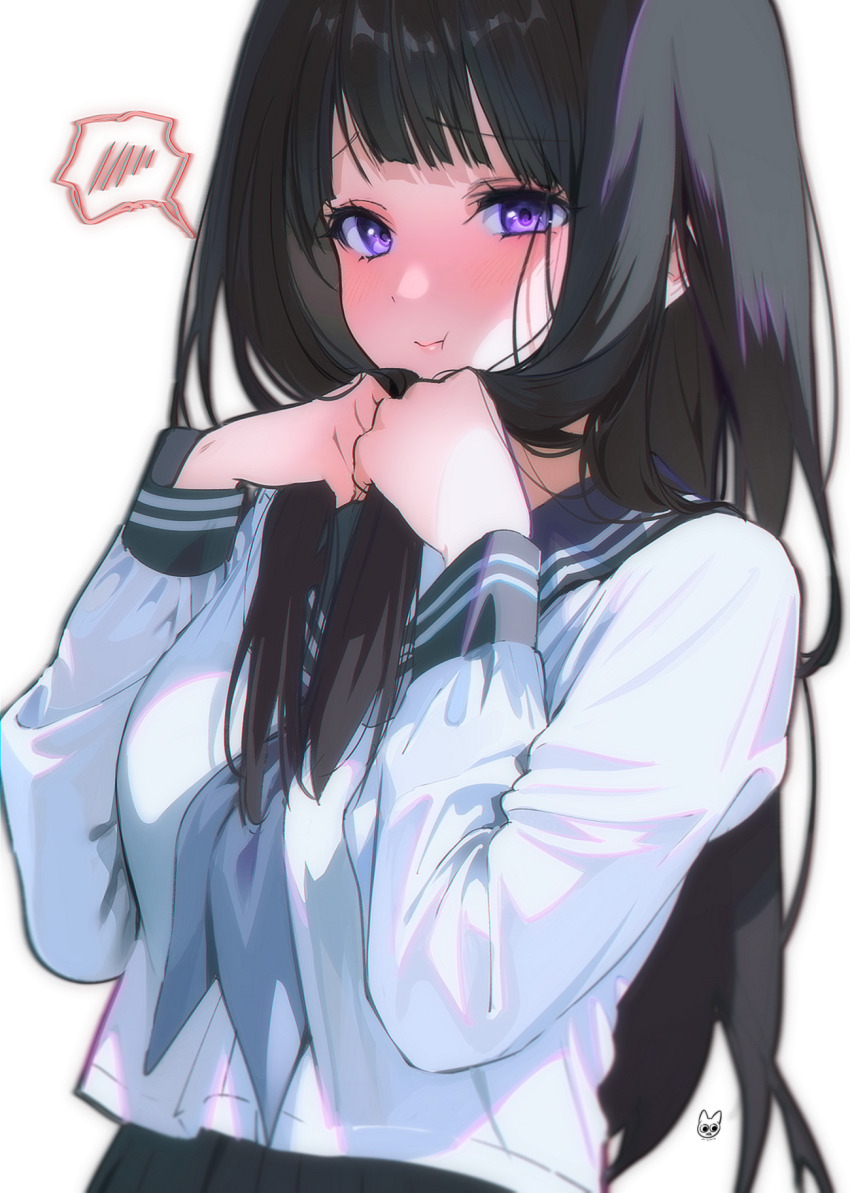 1girl :t artist_logo black_hair black_skirt blunt_bangs breasts chitanda_eru grey_neckerchief highres holding holding_own_hair hyouka kamiyama_high_school_uniform_(hyouka) logo long_hair long_sleeves looking_at_viewer medium_breasts mery_(yangmalgage) neckerchief pout purple_eyes school_uniform serafuku shirt simple_background skirt solo spoken_blush straight_hair very_long_hair white_background white_shirt