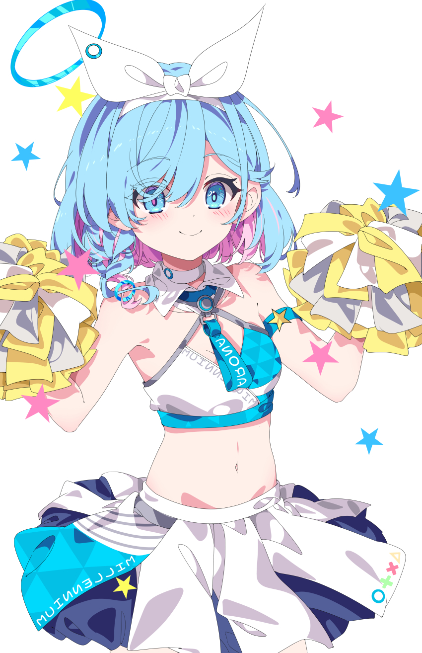 1girl absurdres arona_(blue_archive) blue_archive blue_hair blue_halo bra cheerleader commentary hairband halo highres hua-huahua long_hair millennium_cheerleader_outfit_(blue_archive) multicolored_bra multicolored_hair multicolored_skirt navel one_eye_covered pink_hair pom_pom_(cheerleading) skirt solo star_(symbol) underwear white_hairband
