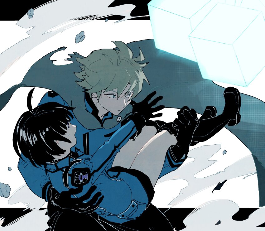 1boy 1girl amatori_chika black_footwear black_gloves black_hair black_pants black_shorts blue_jacket boots carrying catching clenched_hand cloak cube debris floating_clothes gloves green_cloak grey_hair highres hyuse jacket knee_boots letterboxed long_sleeves looking_at_another on_one_knee open_mouth outside_border outstretched_arm pants princess_carry short_hair shorts smoke spoilers torn_cloak torn_clothes uruta_nishi white_background world_trigger