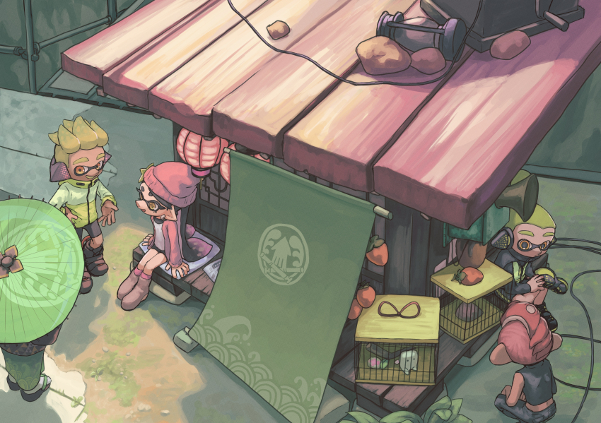 2girls 3boys absurdres agent_3_(splatoon) agent_4_(splatoon) agent_8_(splatoon) beanie behind-the-head_headphones bike_shorts black_footwear black_hair black_jacket black_kimono black_shorts blonde_hair boots callie_(splatoon) cardigan commentary_request crop_top cross-shaped_pupils earrings full_body gradient_hair green_hair grin hair_slicked_back hand_on_own_hip hat hat_ornament headphones high-visibility_clothing high-visibility_vest highres holding holding_umbrella in-universe_location inkling jacket japanese_clothes jewelry kimono kotarou_(kotakota_ee) long_hair looking_at_another marie_(splatoon) mole mole_under_eye multicolored_hair multiple_boys multiple_girls nintendo octoling oil-paper_umbrella okobo open_cardigan open_clothes open_mouth orange_eyes outdoors pink_boots pink_cardigan pink_hair pink_hat pink_socks platform_sandals pointy_ears red_hair sandals shirt short_hair shorts single_sleeve sitting smile socks splatoon_(series) splatoon_2 squidbeak_splatoon standing star_(symbol) star_hat_ornament symbol-shaped_pupils tabi tentacle_hair thick_eyebrows topknot twintails two-tone_hair umbrella white_shirt yellow_eyes yellow_jacket