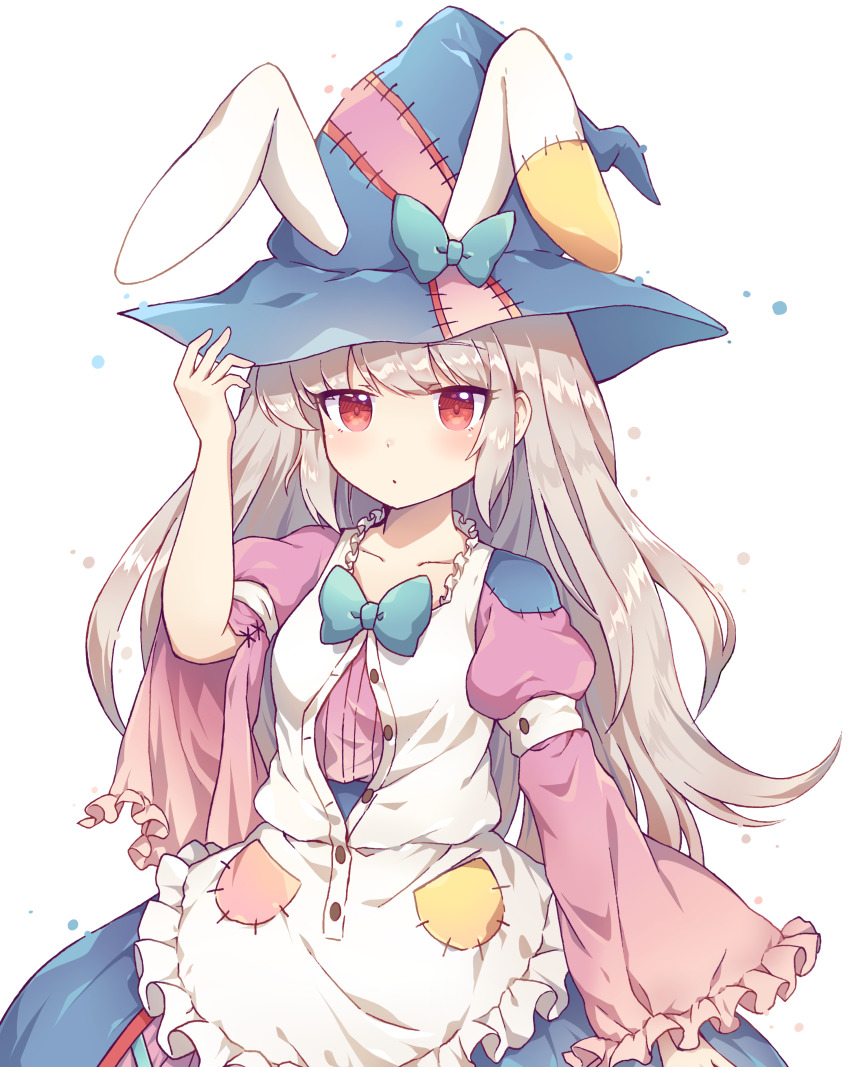 1girl absurdres animal_ears apron blue_hat blue_skirt blush closed_mouth commentary_request ears_through_headwear frilled_apron frills grey_hair hand_on_headwear hand_up hat highres irisu_kyouko irisu_shoukougun! juliet_sleeves kaoling long_hair long_sleeves pink_shirt puffy_sleeves rabbit_ears red_eyes shirt simple_background skirt solo very_long_hair white_apron white_background wide_sleeves witch_hat