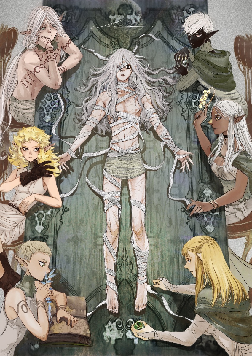 2boys 5girls absurdres arianna_327 arm_tattoo bags_under_eyes bandage_over_one_eye bandages bare_shoulders black_eyes black_skin blonde_hair blue_eyes book braid breasts chest_tattoo choker cithis cleavage cloak colored_skin dark-skinned_female dark_elf dark_skin dungeon_meshi elbow_rest elf facial_mark flamela fleki forehead_mark gloves gorget green_cloak green_eyes grey_hair hair_around_ear highres holding holding_wand hood hooded_cloak jewelry long_hair long_sleeves looking_at_another low_twintails lycion lying mithrun multiple_boys multiple_girls multiple_scars nipples notched_ear on_back on_chair on_table open_book otta_(dungeon_meshi) pattadol pointy_ears purple_eyes red_eyes scar scars_all_over shirt short_hair single_glove sitting skirt table tattoo too_many topless_male tunic twintails very_short_hair wand white_hair yellow_eyes