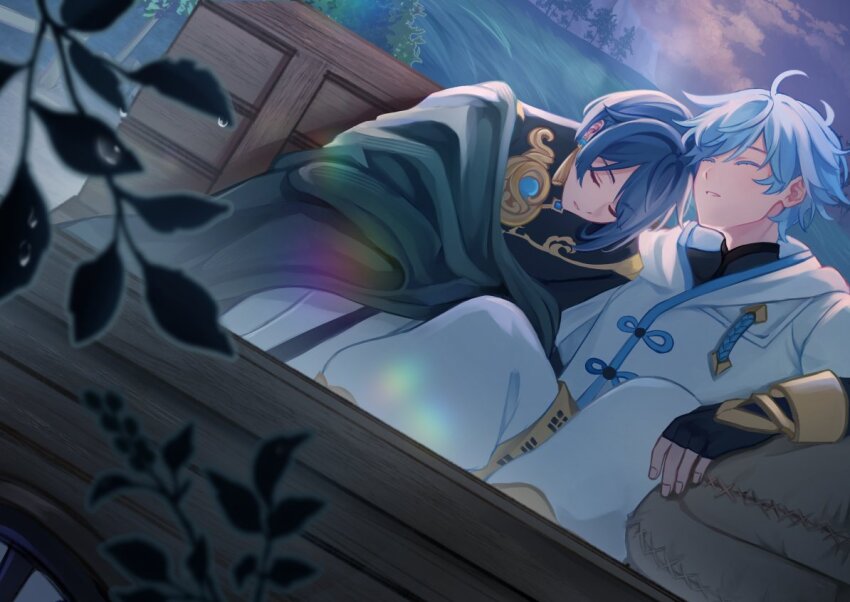 2boys ahoge asymmetrical_bangs black_gloves blanket blue_coat blue_hair bracelet chongyun_(genshin_impact) closed_eyes cloud coat colored_eyelashes commentary earrings elbow_gloves english_commentary fingerless_gloves genshin_impact gloves gold_trim hair_between_eyes hood hood_down hoodie jewelry leaning_on_person male_focus mikanchii mountain multiple_boys night night_sky outdoors pants parted_bangs parted_lips plant sack short_hair short_sleeves single_earring sky sleeping tassel tassel_earrings tree wagon white_hoodie white_pants xingqiu_(genshin_impact) yaoi