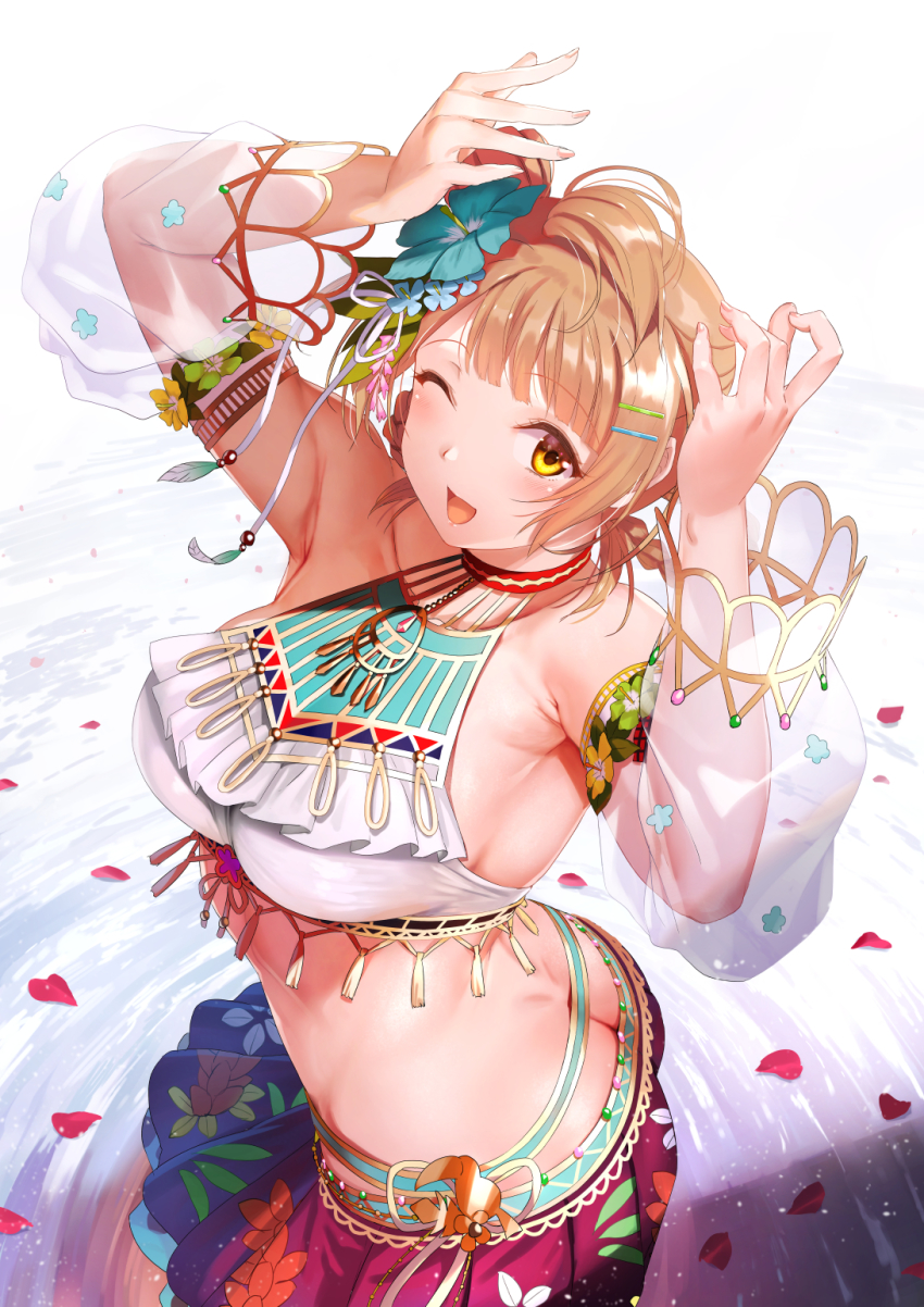1girl aqua_flower artist_name artist_request ass bare_shoulders bikini blue_skirt blush breasts brown_eyes brown_hair butt_crack cleavage female_focus flower frilled_bikini frilled_skirt frills hair_flower hair_ornament hairclip hands_over_head highres kitiroku light_brown_hair long_hair love_live! love_live!_school_idol_festival love_live!_school_idol_project medium_breasts minami_kotori nail_(hardware) nail_polish ocean one_eye_closed petals pink_nails plant red_flower skirt solo swimsuit twintails vines white_background white_bikini