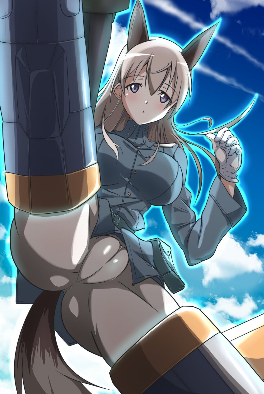 1girl absurdres animal_ears ass blue_eyes blush breasts cameltoe crotch eila_ilmatar_juutilainen fox_ears fox_girl fox_tail gloves highres large_breasts leggings long_hair looking_at_viewer military_uniform mirage4000000 open_mouth sky solo spread_legs strike_witches striker_unit tail white_gloves white_hair white_leggings world_witches_series