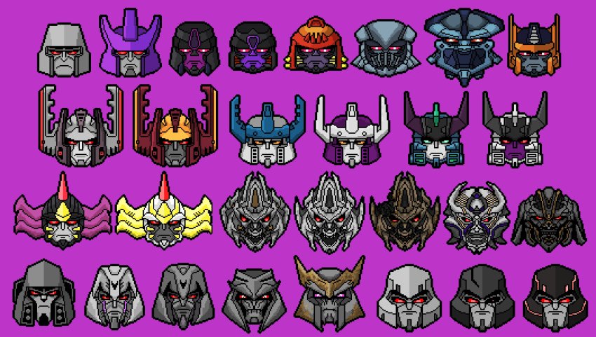 absurdres art_likes_robots beast_machines beast_wars beast_wars:_transformers commentary decepticon english_commentary frown galvatron head_only highres mecha megatron megatron_(beast_wars) megatron_(idw) megatron_(prime) multiple_persona no_humans open_mouth optimal_megatron pixel_art purple_background red_eyes robot the_transformers_(idw) transformers transformers:_age_of_extinction transformers:_dark_of_the_moon transformers:_fall_of_cybertron transformers:_generation_1 transformers:_revenge_of_the_fallen transformers:_the_last_knight transformers:_war_for_cybertron transformers_(live_action) transformers_animated transformers_armada transformers_car_robots transformers_cybertron transformers_energon transformers_prime transformers_unicron_trilogy