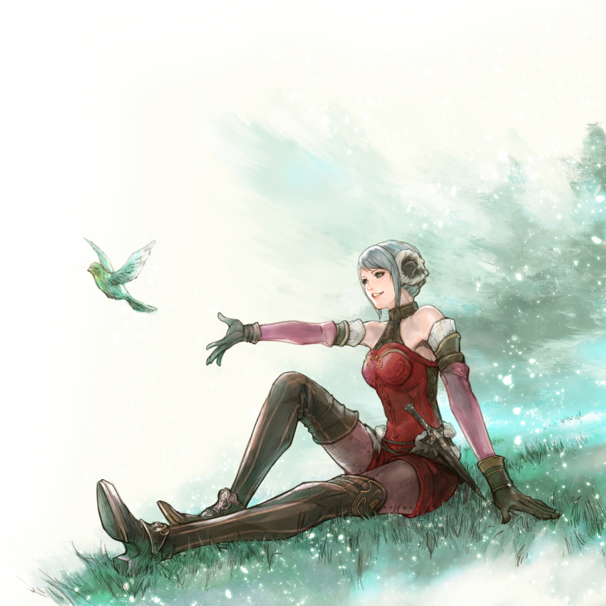1girl animal arciela_v_adoulin bare_shoulders bird black_boots black_gloves blue_eyes bodysuit boots breasts dagger detached_sleeves earmuffs final_fantasy final_fantasy_xi gloves grass grey_hair highres hume knife long_sleeves medium_breasts naora_yusuke official_art on_grass outstretched_arm outstretched_hand pantyhose pink_pantyhose pink_sleeves red_bodysuit short_hair sitting smile thigh_boots weapon