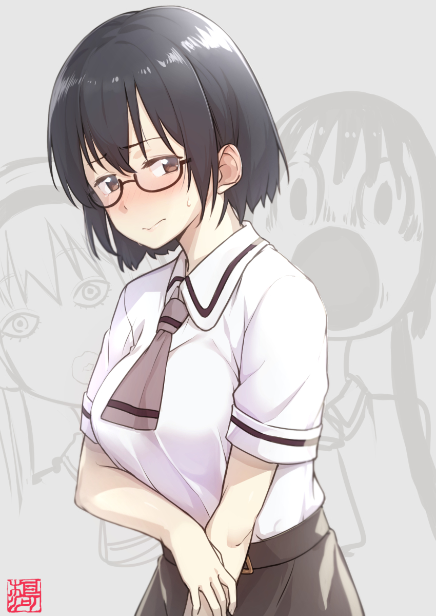 asobi_asobase black_hair black_skirt blush breasts brown_eyes glasses goemon1110 grey_neckwear hair_between_eyes highres honda_hanako large_breasts looking_at_viewer necktie nomura_kasumi nose_blush olivia_(asobi_asobase) school_uniform semi-rimless_eyewear shirt short_hair short_sleeves skirt solo_focus sweatdrop tearing_up white_shirt
