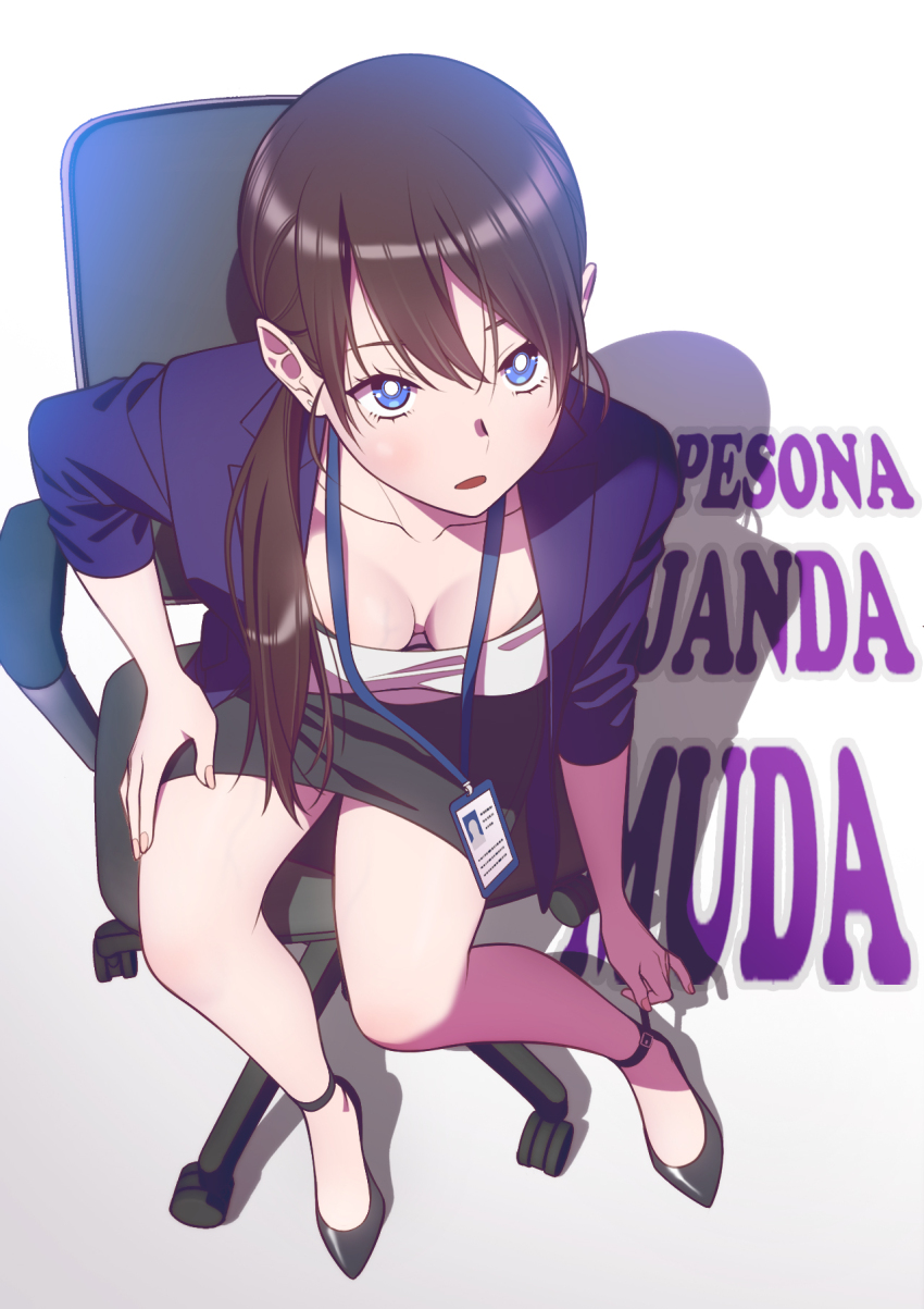 1girl adjusting_footwear andrian_januar_adilia black_footwear black_skirt blue_eyes blue_jacket breasts breasts_apart brown_hair chair collarbone commentary english_commentary from_above full_body hair_between_eyes high_heels highres id_card indonesian_text jacket lanyard leaning_forward long_sleeves looking_at_viewer medium_breasts miniskirt office_chair office_lady on_chair open_clothes open_jacket open_mouth original pencil_skirt ponytail shade shirt sitting skirt solo swept_bangs swivel_chair translated white_background white_shirt