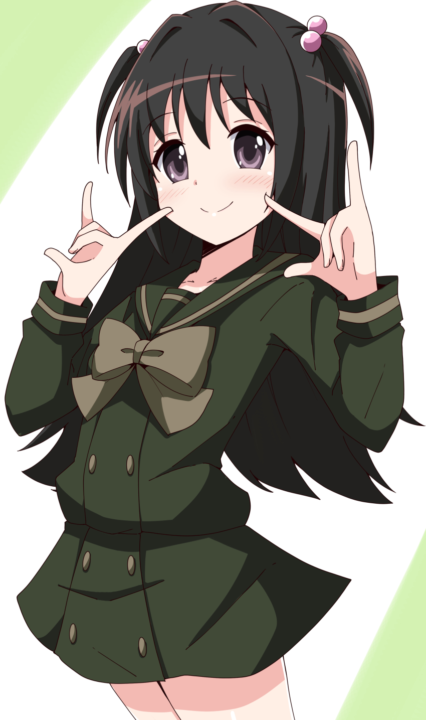 1girl \m/ absurdres aikawa_ryou blush bow brown_bow closed_mouth commentary_request commission double_\m/ green_background green_sailor_collar green_serafuku green_shirt green_skirt hair_between_eyes hair_bobbles hair_intakes hair_ornament hands_up highres hirai_yukari long_hair long_sleeves pixiv_commission puffy_long_sleeves puffy_sleeves purple_eyes sailor_collar school_uniform serafuku shakugan_no_shana shirt skirt smile solo two-tone_background two_side_up very_long_hair white_background