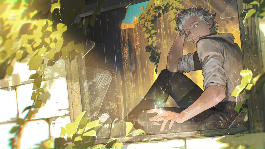 1boy astarion baldur&#039;s_gate baldur&#039;s_gate_3 black_pants brick_wall day eboda-x elbow_on_knee elbow_rest elf from_side full_body glowing glowing_eye grey_shirt hand_on_own_head heterochromia highres knee_up leaf looking_at_viewer male_focus pants pointy_ears red_eyes shirt short_hair sitting sitting_in_window solo sunlight white_hair window yellow_eyes