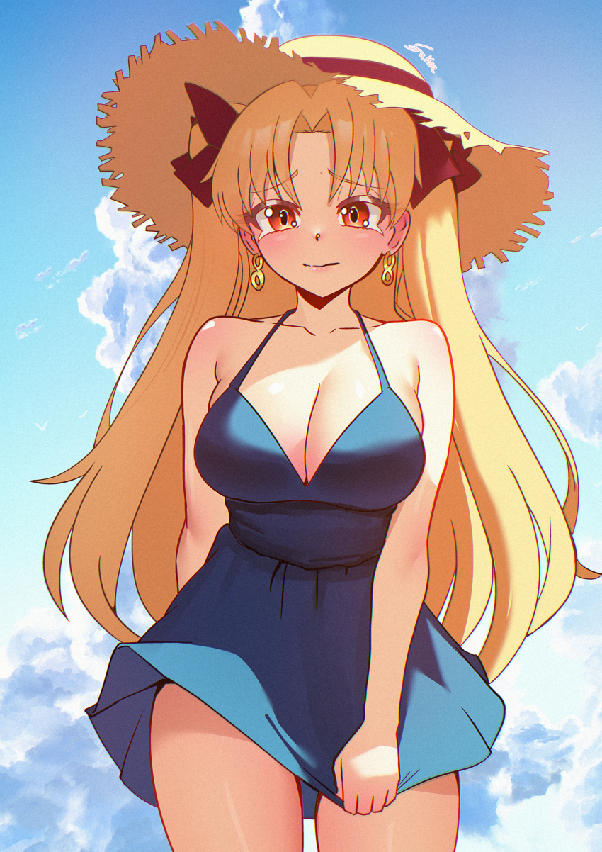 1girl absurdres alternate_breast_size blonde_hair blue_dress blush breasts cleavage dress earrings ereshkigal_(fate) fate/grand_order fate_(series) fukou hat highres jewelry large_breasts long_hair looking_at_viewer pulling_own_clothes red_eyes solo sun_hat sundress two_side_up