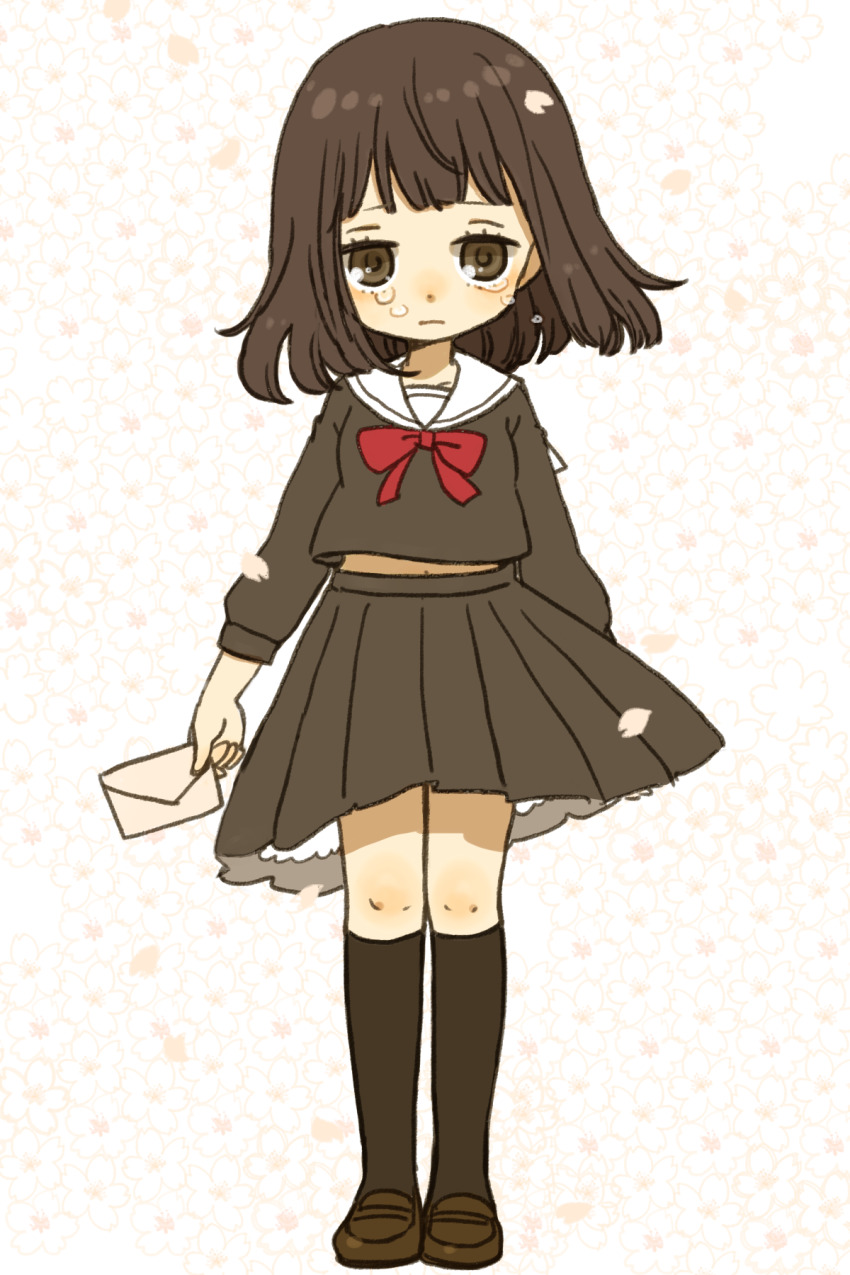 1girl black_skirt black_socks bow breasts brown_eyes brown_hair brown_shoes cherry_blossoms crying expressionless falling_petals floating_clothes floating_hair full_body highres holding holding_letter kneehighs letter loafers long_sleeves looking_at_viewer medium_hair midriff_peek original petals pink_petals red_bow sailor_collar school_uniform serafuku shoes skirt small_breasts socks solo yukke