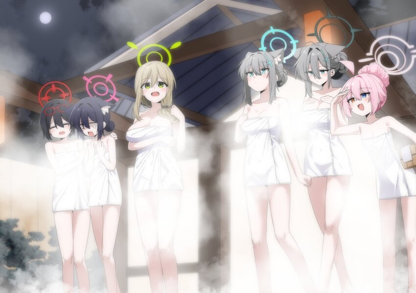 6+girls absurdres ahoge animal_ear_fluff animal_ears ayane_(blue_archive) b.t._(boob_tong) bamboo_fence bathing black_hair blue_archive blue_eyes blue_halo blush breast_conscious breast_envy breasts broken_halo brown_hair cat_ears cleavage convenient_censoring covering_breasts covering_privates cross_hair_ornament dark_halo extra_ears fang fence foreclosure_task_force_(blue_archive) glasses green_eyes green_halo grey_hair hair_between_eyes hair_ornament halo heterochromia highres hoshino_(blue_archive) huge_ahoge large_breasts long_hair medium_breasts medium_hair mismatched_pupils multiple_girls naked_towel nonomi_(blue_archive) onsen open_mouth pink_hair pink_halo pointy_ears red-framed_eyewear red_halo serika_(blue_archive) shiroko_(blue_archive) shiroko_terror_(blue_archive) short_hair smile solo steam steam_censor towel wolf_ears wolf_girl yellow_eyes