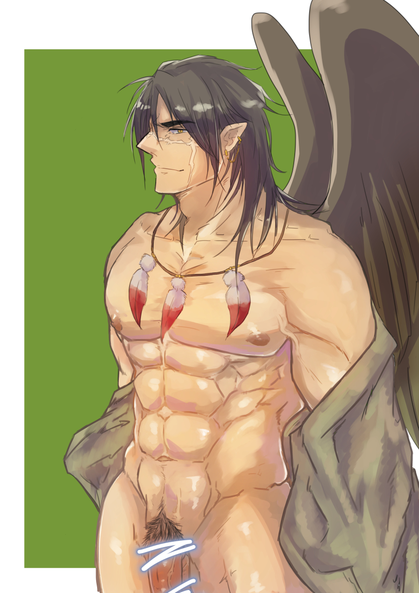1boy abs absurdres adam&#039;s_apple bar_censor bara censored commentary_request feather_necklace fire_emblem fire_emblem:_path_of_radiance fire_emblem:_radiant_dawn flaccid highres jewelry kamabokozin laguz_(fire_emblem) large_pectorals male_focus male_pubic_hair medium_hair muscular muscular_male navel necklace nintendo nipples nude pectorals penis penis_out_of_frame pointless_censoring pointy_ears profile pubic_hair scar scar_on_face solo tibarn_(fire_emblem) veins wings yellow_eyes