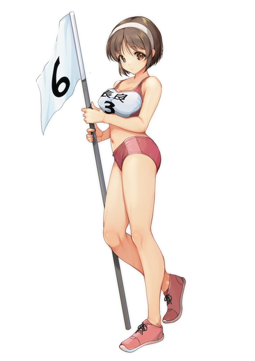 1girl absurdres breasts brown_eyes brown_hair buruma clothes_writing collarbone commentary_request flag full_body hairband highres holding holding_flag kantai_collection large_breasts looking_at_viewer midriff natori_(kancolle) navel numbered_flag outdoors pole red_buruma red_shoes shoes short_hair simple_background smile solo sports_bikini sports_bra standing teeth track_uniform two-tone_sports_bra white_background white_hair white_hairband yashin_(yasinz)