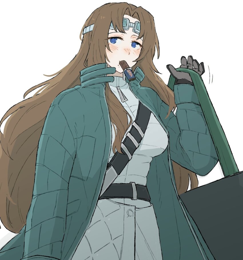 1girl aqua_coat bag black_gloves blue_eyes breasts brown_hair candy candy_bar chocolate chocolate_bar coat devyat&#039;_association_north_uniform food food_in_mouth gloves goggles goggles_on_head highres holding holding_bag jacket jacket_under_coat large_breasts limbus_company long_hair long_sleeves looking_at_viewer overcoat parted_bangs project_moon rodion_(project_moon) simple_background solo ssup_ddi standing upper_body white_background white_jacket
