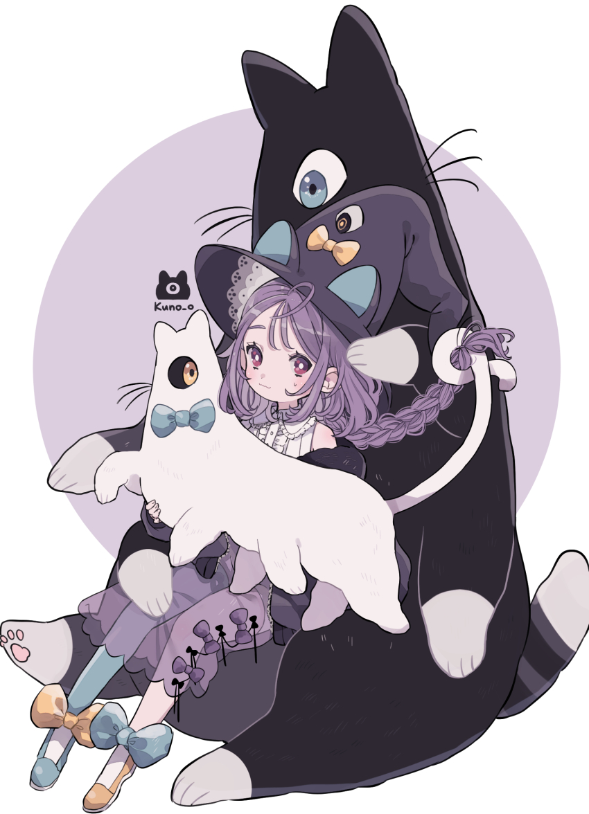 1girl ahoge animal_ears artist_name asymmetrical_footwear black_hat black_jacket blue_bow blue_shoes blue_thighhighs bow braid bright_pupils cat commentary_request creature eye_on_hat fake_animal_ears full_body hat hat_bow highres holding holding_creature jacket jikuno long_hair long_sleeves looking_at_viewer mismatched_footwear original purple_eyes purple_hair purple_skirt see-through_clothes see-through_skirt shirt shoes simple_background single_thighhigh sitting skirt sleeveless sleeveless_shirt smile solo thighhighs white_background white_cat white_pupils white_shirt witch_hat yellow_bow yellow_shoes