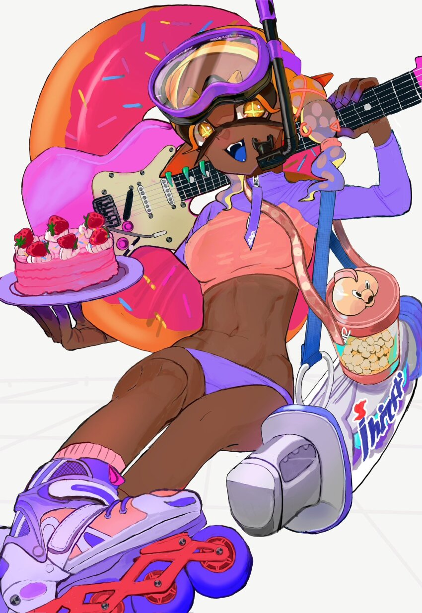 1girl alternate_costume arm_up asymmetrical_hair bag blue_tongue breasts cake collared_shrug colored_eyelashes colored_tongue commentary crop_top cross-shaped_pupils dark-skinned_female dark_skin decavitator_(splatoon) diving_mask diving_mask_on_head donut_innertube earrings fangs food forehead frye_(splatoon) full_body goggles goggles_on_head gradient_hair guitar hair_ornament highres holding holding_guitar holding_instrument holding_plate inkling instrument invisible_chair itou_(golem_inc) jewelry long_pointy_ears long_sleeves lowleg lowleg_panties multicolored_hair navel nintendo open_mouth orange_eyes orange_hair panties pink_bag pink_shirt pink_socks plate pointy_ears purple_footwear purple_hair purple_panties roller_skates shirt shoulder_bag shrug_(clothing) sitting skates snorkel socks solo splatoon_(series) splatoon_3 stomach strawberry_cake symbol-only_commentary symbol-shaped_pupils tentacle_hair two-tone_hair underwear x_hair_ornament yellow_pupils