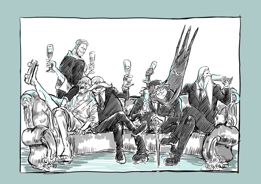 5boys artist_request bald beard crown cup drink drinking drinking_glass ethan-baron_v._nusjuro facial_hair formal_clothes gorousei grabbing_from_behind happy hat holding holding_drink imu_(one_piece) jaygarcia_saturn long_beard looking_at_viewer looking_away manly marcus_mars multiple_boys muscular muscular_male mustache necktie old old_man one_piece parody scar scar_on_face shaded_face shepherd_ju_peter simple_background sitting topman_warcury what white_beard