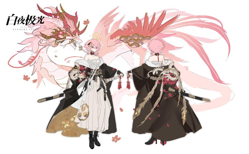 1girl absurdres alchemy_stars bare_shoulders black_coat black_footwear black_kimono breasts reference_sheet cherry_blossoms chest_sarashi cleavage coat copyright_name detached_collar dragon eastern_dragon flower full_body hakama hakama_pants highres hiiro_(alchemy_stars) hiiro_(ephemeral_petals_over_ashes)_(alchemy_stars) holding holding_sword holding_weapon incredibly_absurdres japanese_clothes katana kimono large_breasts logo multiple_views official_art pants pink_flower pink_hair sarashi sheath sheathed short_hair sketch standing sword turnaround weapon white_background white_pants yuzuo_de_yi_tiao_bianr