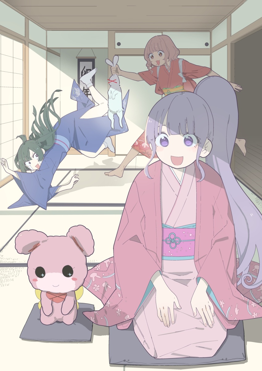 3girls :d bad_id bad_twitter_id blue_kimono blunt_bangs brown_hair commentary_request crying cushion falling green_hair hands_on_own_legs highres indoors japanese_clothes kemura_(puripurinea) kimono long_hair long_sleeves looking_at_another manaka_non multiple_girls obi on_floor open_mouth pink_kimono pink_sash ponytail pretty_series pripara purple_eyes purple_hair red_kimono running sash seiza short_hair shouji side_ponytail sitting slice_of_life sliding_doors smile standing streaming_tears surprised taiyo_pepper tatami tears tsukikawa_chili two_side_up usacha very_long_hair wooden_floor zabuton