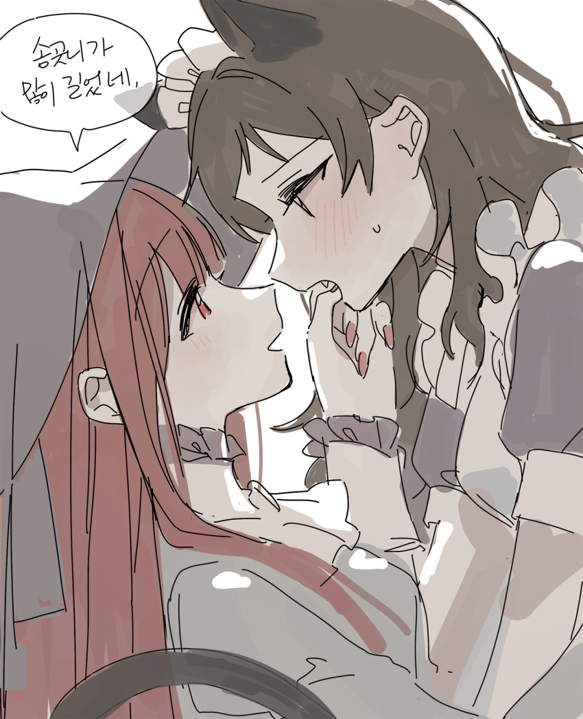 2girls animal_ears blush brown_hair cat_ears cat_tail eye_contact face-to-face finger_in_another&#039;s_mouth fingernails from_side hano9789 hat highres idolmaster idolmaster_million_live! kemonomimi_mode kitazawa_shiho korean_text long_fingernails long_hair looking_at_another maid_headdress multiple_girls nail_polish profile red_eyes red_hair red_nails speech_bubble tail tanaka_kotoha translation_request upper_body yuri