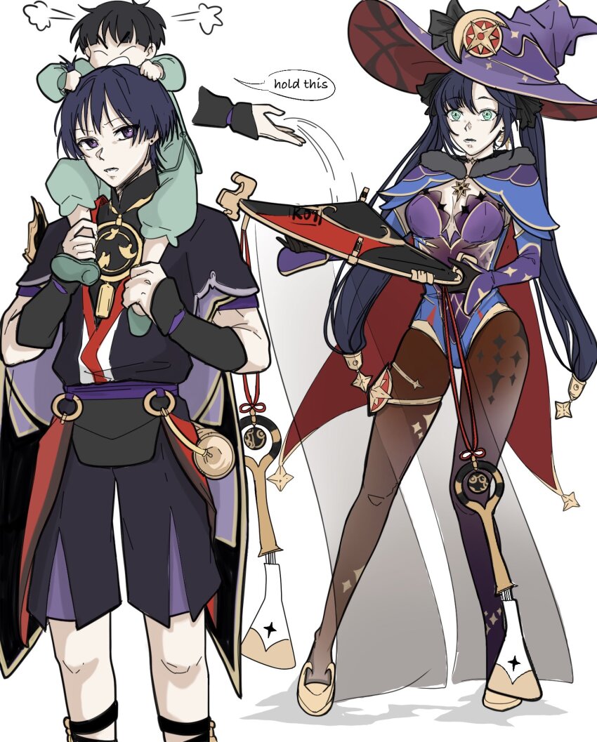 1girl 2boys armor black_bodysuit black_bow black_choker black_gloves black_hair black_hat black_kimono black_mouth black_shorts black_sleeves black_trim blue_leotard blue_sleeves blunt_bangs bodystocking bodysuit bow brown_pantyhose cape carrying child chinese_clothes choker clenched_hands closed_eyes crescent crescent_hat_ornament detached_sleeves earrings english_text fur_collar furisode genshin_impact gloves gold gold_shoes gold_trim grabbing_another&#039;s_hair green_eyes green_pants green_shirt grey_veil hair_bow hat hat_ornament highleg highleg_leotard highres holding holding_another&#039;s_legs holding_unworn_clothes holding_unworn_hat japanese_armor japanese_clothes jewelry jingasa juban kacchan_09 kimono kote kurokote layered_shorts layered_sleeves leotard long_hair looking_at_another lower_teeth_only mandarin_collar mona_(genshin_impact) multiple_boys neck_ring o-ring open_clothes open_kimono open_mouth original pants pantyhose ponytail_holder purple_hat purple_leotard purple_sash purple_shorts purple_sleeves red_cape red_hat red_kimono sash scaramouche_(genshin_impact) see-through_clothes see-through_veil shirt shoes short_sleeves shorts shoulder_carry speech_bubble standing star_(symbol) star_choker star_earrings star_hat_ornament star_print teeth thighlet twintails two-sided_fabric two-sided_headwear two-tone_sleeves unworn_hat unworn_headwear veil white_background white_kimono white_mouth