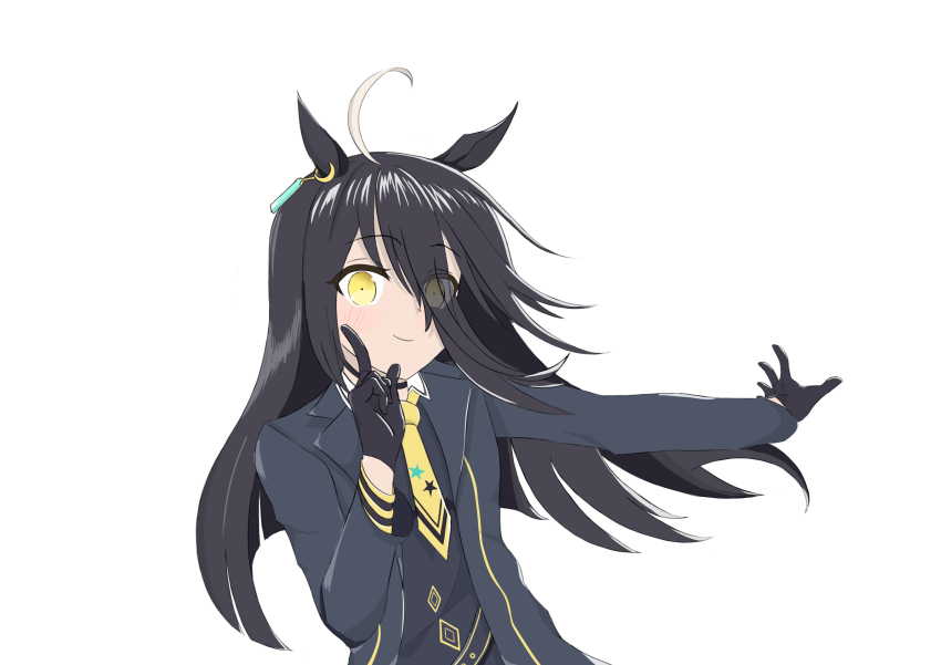 1girl absurdres black_choker black_coat black_gloves black_hair black_shirt choker closed_mouth coat collared_shirt ear_tag earrings gloves hair_between_eyes hand_up highres hoshino_ruby_dance index_finger_raised jewelry jhdts long_bangs long_hair long_hair_between_eyes long_sleeves looking_at_another manhattan_cafe_(umamusume) multicolored_hair necktie shirt simple_background single_earring smile solo umamusume very_long_hair white_background white_hair yellow_eyes yellow_necktie