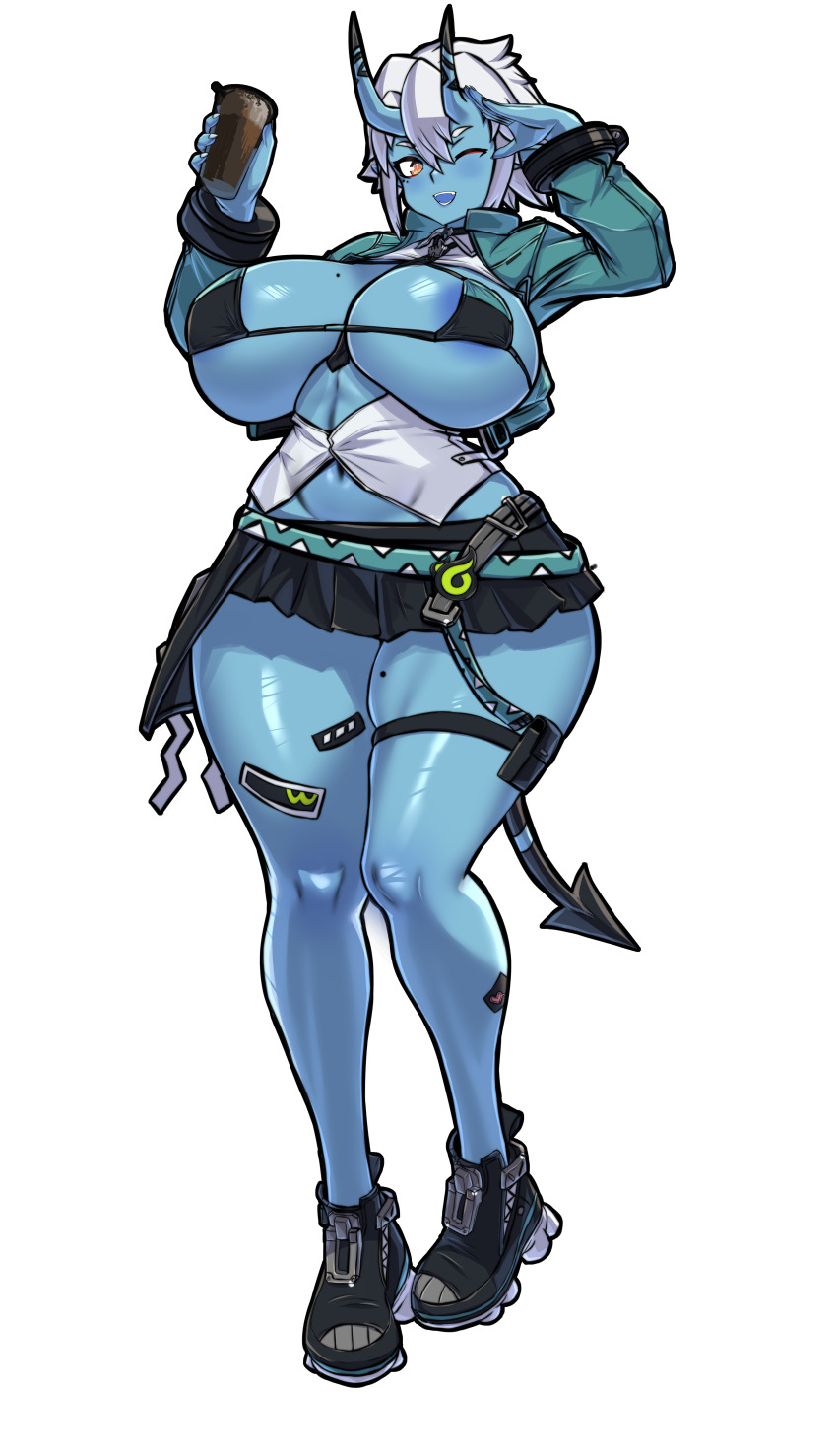 1girl absurdres aged_up alternate_breast_size between_breasts black_bra black_necktie black_shoes black_skirt black_tail blue_jacket blue_oni blue_skin bra breasts breasts_out collared_shirt colored_skin curvy demon_girl demon_horns demon_tail drink full_body hair_between_eyes highres holding holding_drink horns huge_breasts jacket long_sleeves miniskirt mold_(pixiv6616319) mole mole_on_breast navel necktie necktie_between_breasts one_eye_closed oni open_clothes open_jacket open_mouth open_shirt orange_eyes pleated_skirt salute shirt shoes short_hair sidelocks simple_background skin-covered_horns skirt smile solo soukaku_(zenless_zone_zero) sticker_on_leg tail thick_thighs thigh_strap thighs underwear white_background white_hair white_shirt zenless_zone_zero
