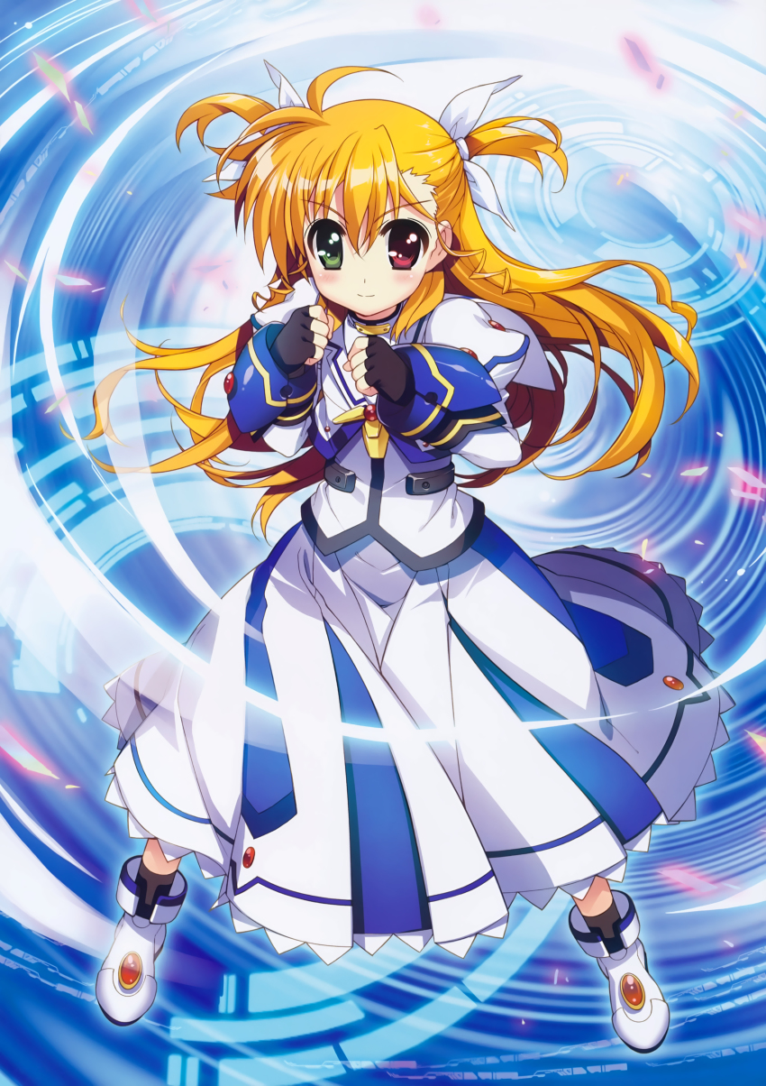 10s 1girl absurdres ahoge black_gloves blonde_hair blush child cosplay dress female_focus fingernails fujima_takuya full_body gloves heterochromia highres lyrical_nanoha mahou_shoujo_lyrical_nanoha_vivid official_art smile solo takamachi_nanoha takamachi_nanoha_(cosplay) takamachi_nanoha_(movie_1st_mode) twintails two_side_up vivio