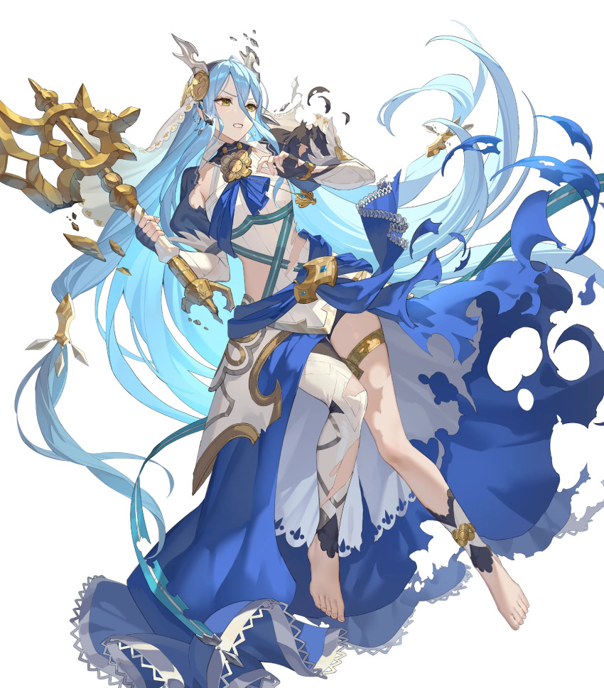1girl axe azura_(fire_emblem) azura_(song&#039;s_reflection)_(fire_emblem) barefoot black_gloves blue_cape blue_hair blue_sash cape clenched_teeth corrin_(female)_(fire_emblem) corrin_(female)_(fire_emblem)_(cosplay) corrin_(fire_emblem) cosplay damaged dragon_horns fake_horns fingerless_gloves fire_emblem fire_emblem_fates fire_emblem_heroes gloves headdress highres holding holding_axe horns jewelry lace-trimmed_cape long_hair nintendo non-web_source official_alternate_costume official_art sash single_leg_pantyhose solo teeth thighlet torn_cape torn_clothes very_long_hair waist_cape yellow_eyes