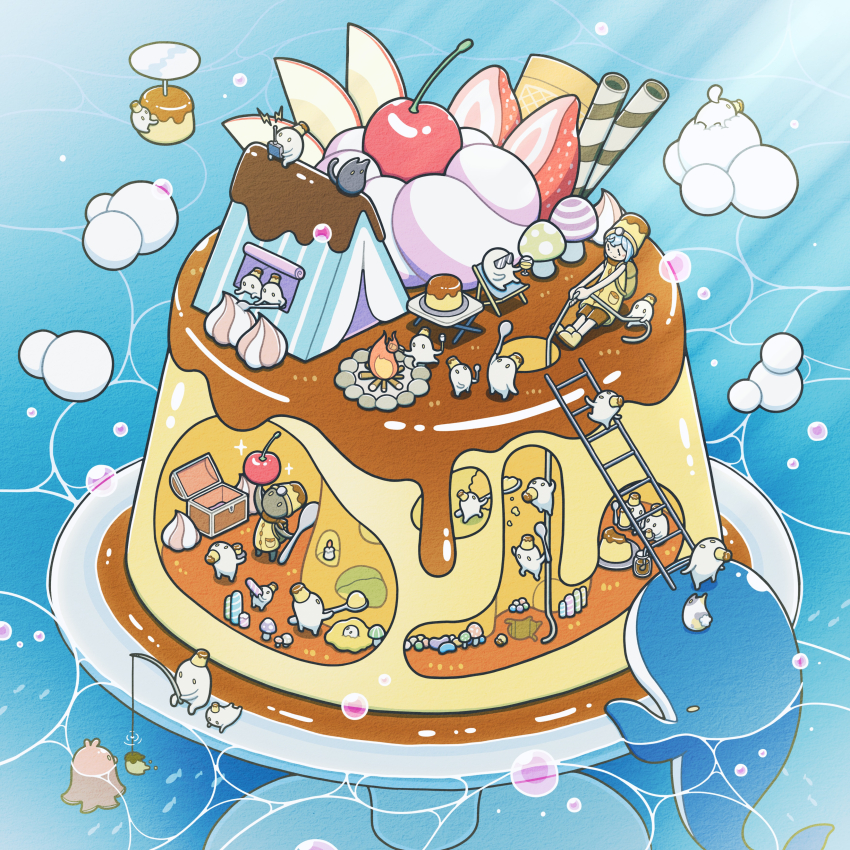 1girl absurdres backpack bag black_cat blue_hair calico_cat campfire candle cat cherry controller cup drinking_glass fishing_rod food food-themed_hat food_art fruit hat highres holding holding_cup holding_fishing_rod holding_remote_control holding_spoon jar ladder marshmallow mushroom nose_bubble original oversized_spoon pudding pudding_a_la_mode remote_control spoon strawberry strawberry_slice sunglasses tako-san_wiener tent treasure_chest tti_design whale wine_glass