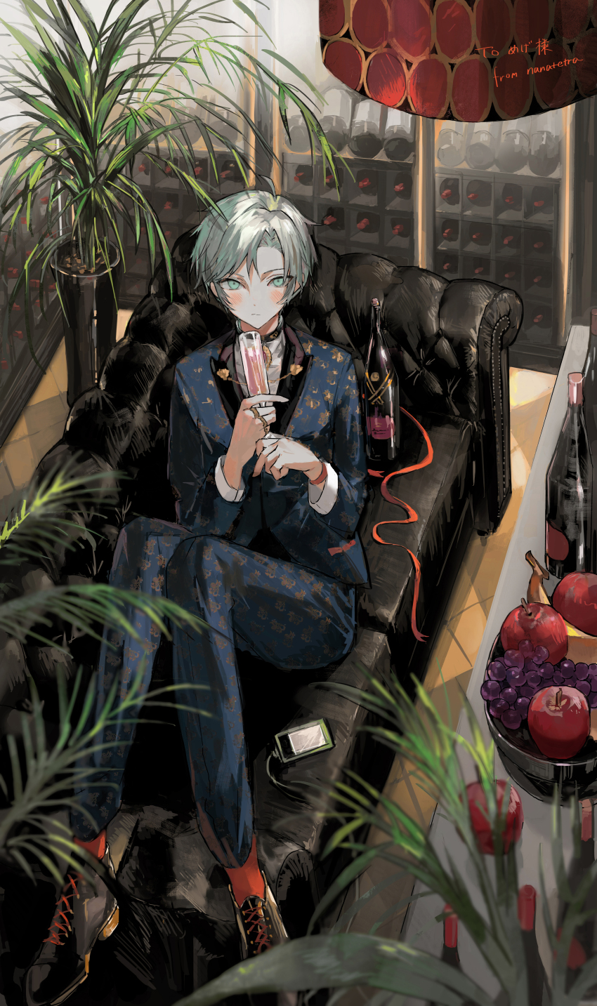 1boy :/ absurdres ahoge apple artist_name banana black_boots black_collar blue_jacket blue_pants blurry blurry_foreground blush boots bottle bracelet cellphone closed_mouth collar commentary_request commission commissioner_name couch cup drinking_glass food fruit full_body gradient_hair grapes green_eyes green_hair grey_hair hair_between_eyes highres holding holding_cup indoors jacket jewelry knees_up looking_at_viewer male_focus multicolored_hair multiple_rings nana_tetra on_couch original pants phone plant red_ribbon red_socks ribbon ring shirt short_hair sitting skeb_commission smartphone socks solo two-tone_hair white_shirt wine_bottle wine_cellar wine_glass