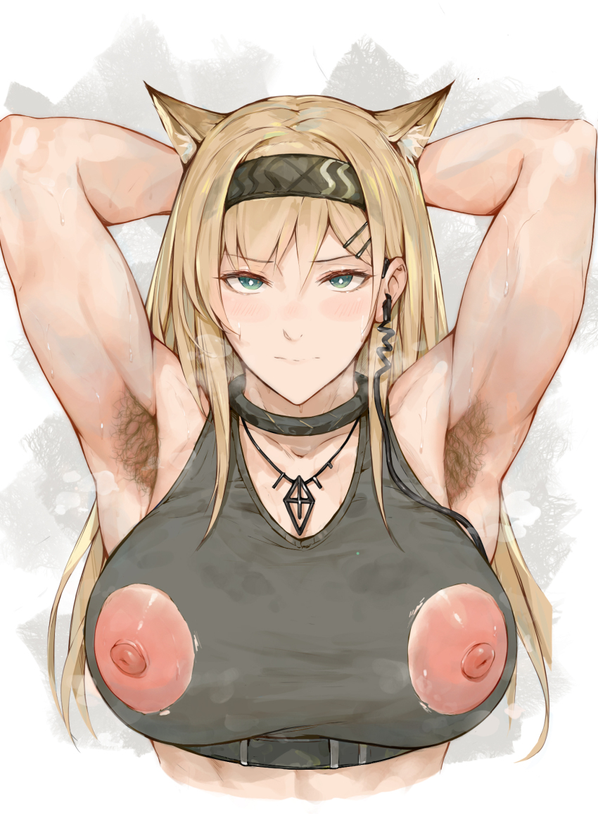 1girl animal_ears arknights arm_behind_head armpit_hair armpits blonde_hair crop_top green_eyes hair_ribbon highres horn_(arknights) laserflip long_hair nipples ribbon steaming_body sweat torn_clothes upper_body