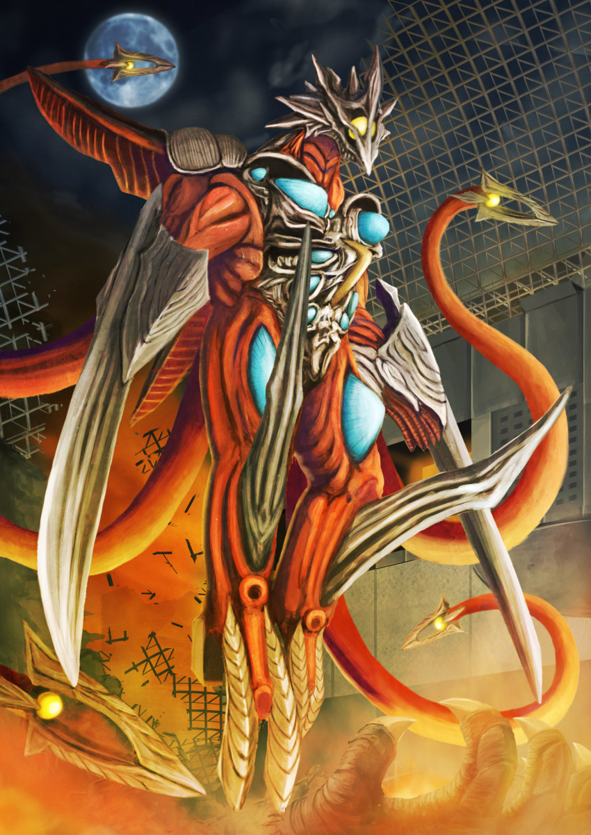absurdres arm_blade battle building claws cloud daiei_film damage destruction fire floating flying full_moon gamera gamera_(series) gamera_3:_revenge_of_iris highres hooves iris_(gamera) japan kaiju kyoto kyoto_station levitation moon night real_world_location tentacles train_station weapon yamakazema