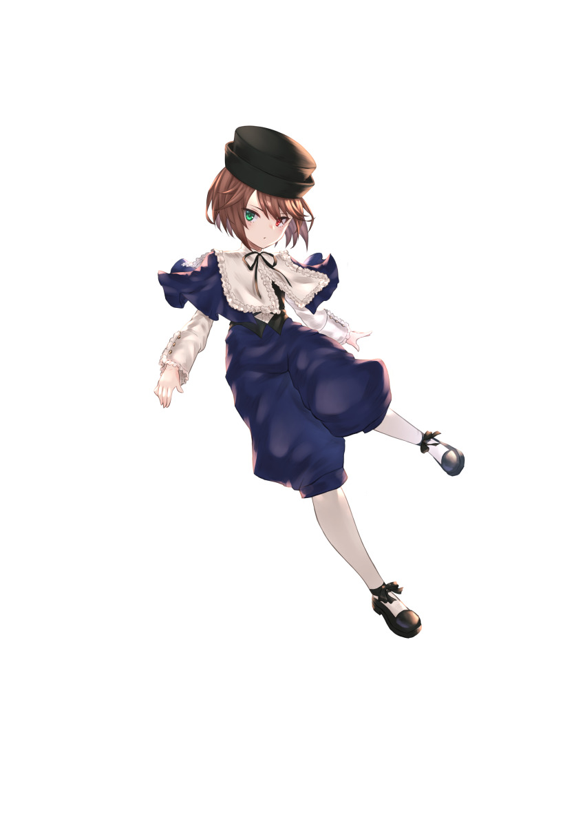 1girl absurdres brown_hair frilled_shirt frilled_shirt_collar frilled_sleeves frills full_body green_eyes hat heterochromia highres kneehighs long_sleeves looking_at_viewer majinno mary_janes medium_hair red_hair rozen_maiden shirt shoes socks solo souseiseki top_hat white_socks